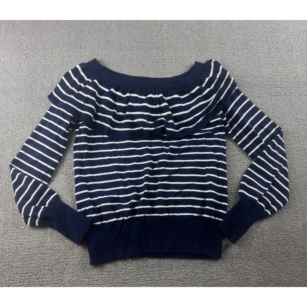 Joie Sweater Women XS Blue Ruffle Striped Boat Neck Long Sleeve Coastal Preppy